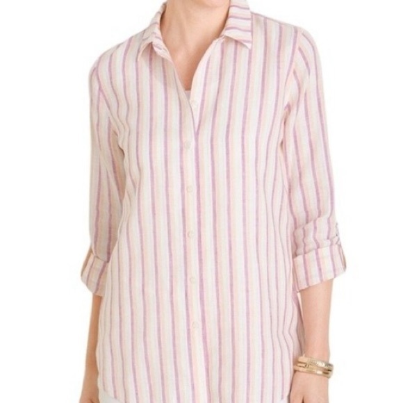 Chico's Linen Metallic Striped Roll-Tab Button-up Shirt - Picture 1 of 9